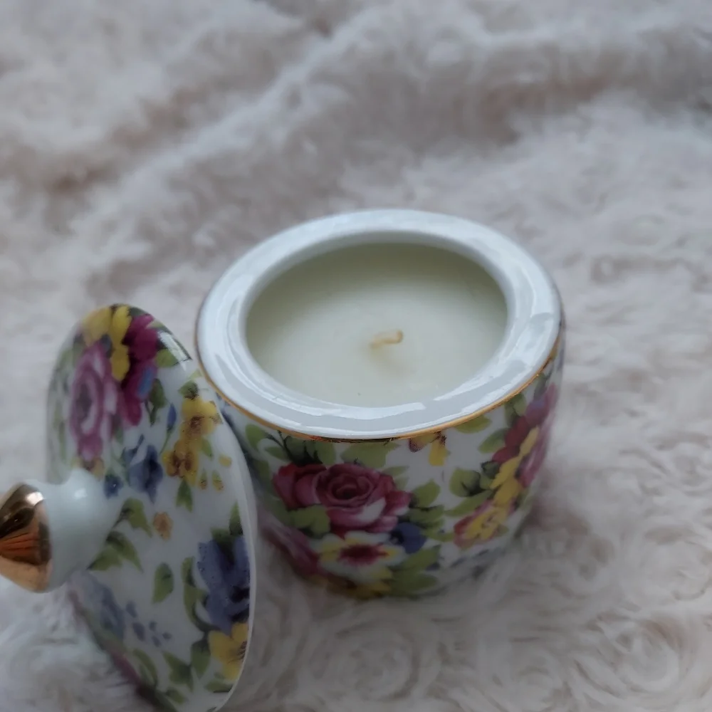 Lovely Floral jar small votive candle trinket box gold tipped lid Cottagecore